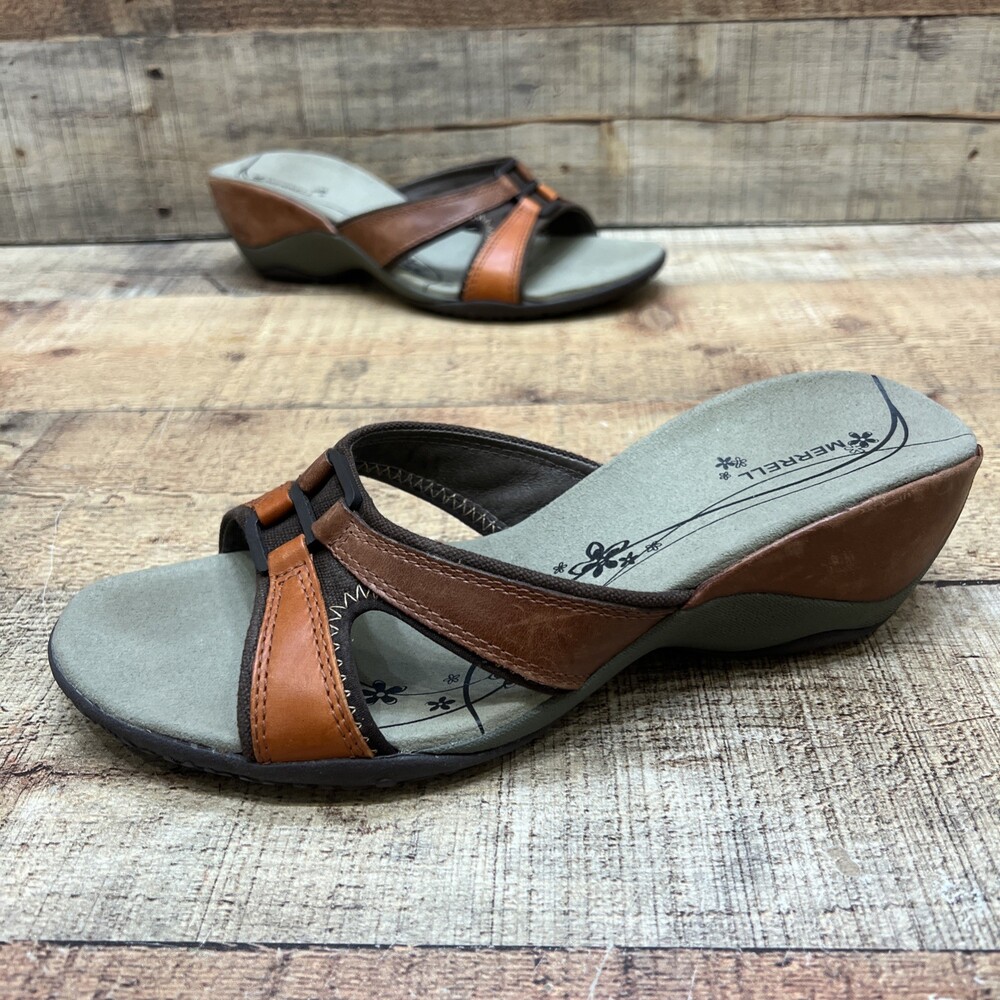 Merrell Vibram Womens Brown Leather Wedge Sandals Heels Size 8